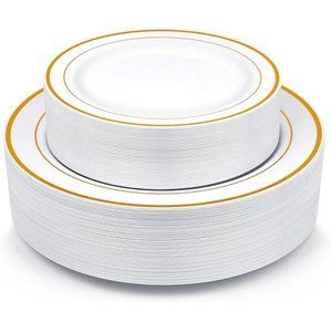 Gold Plastic Plates,100 Pieces Disposable Party Plates for Weddings, Premium
